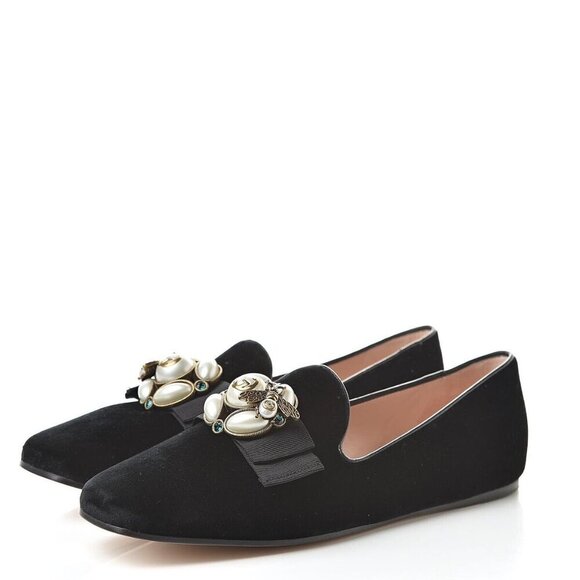 GUCCI Étoile Faux Pearl Embellished Velvelt Black Loafers sz 37 - Picture 1 of 12